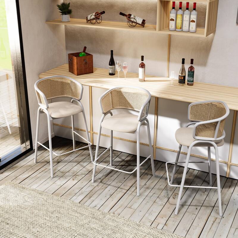 LeisureMod Ervilla Set of 2 Modern Wicker Leather Bar Stool with Curved Back & White Steel Frame for Home Office Dining Room