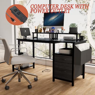 Writing Table/Gaming Desk with Drawers, Large Side Pocket and Hooks