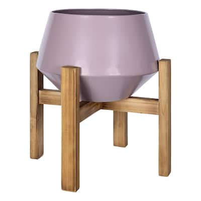 Hexagonal Planter with Wooden Base - 13.25" H x 9.25" W x 9.25" D