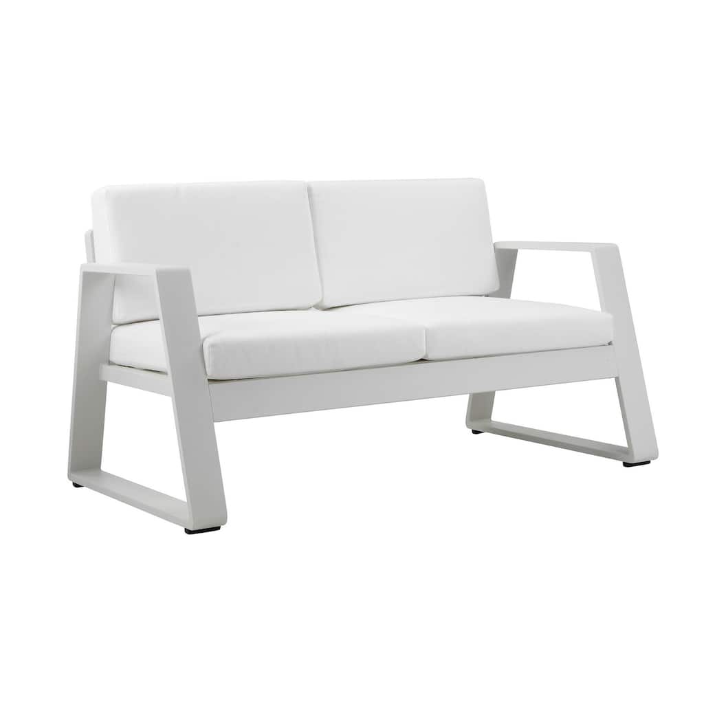 Xia 57 Inch Outdoor Sofa, White Aluminum, Fade Resistant Fabric Cushions