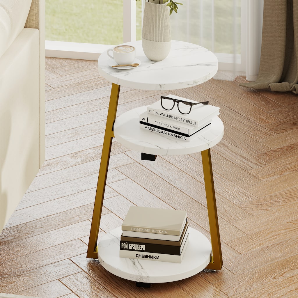 Small Round Side Table with 3-Tier Storage - Sturdy Metal Frame Nightstand, Compact Couch Table for Bedroom Living Room