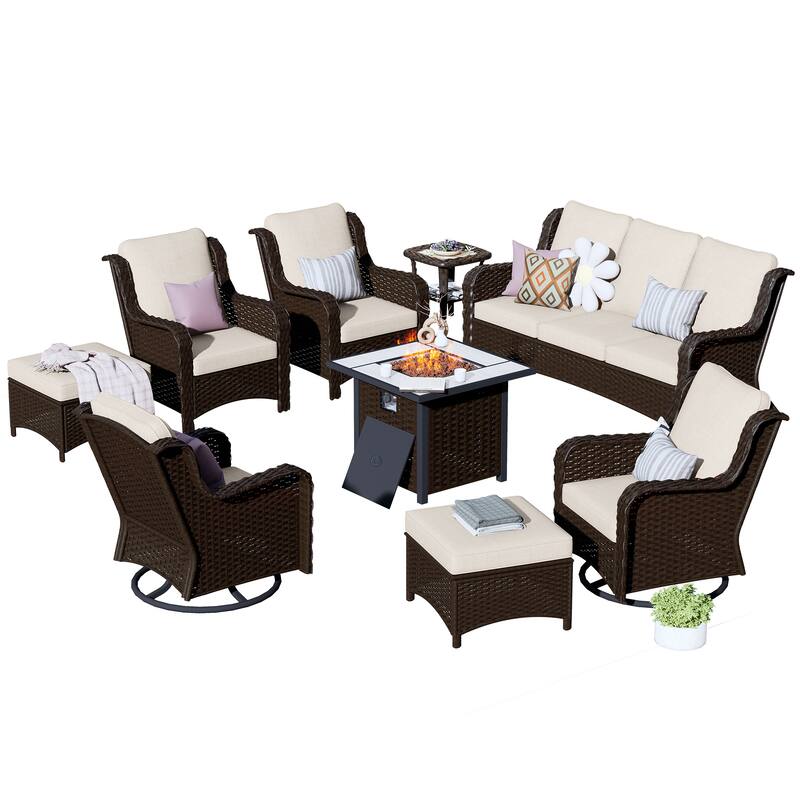 OVIOS 9-piece Patio Wicker Swivel Chair Set With 30" Fire Pit