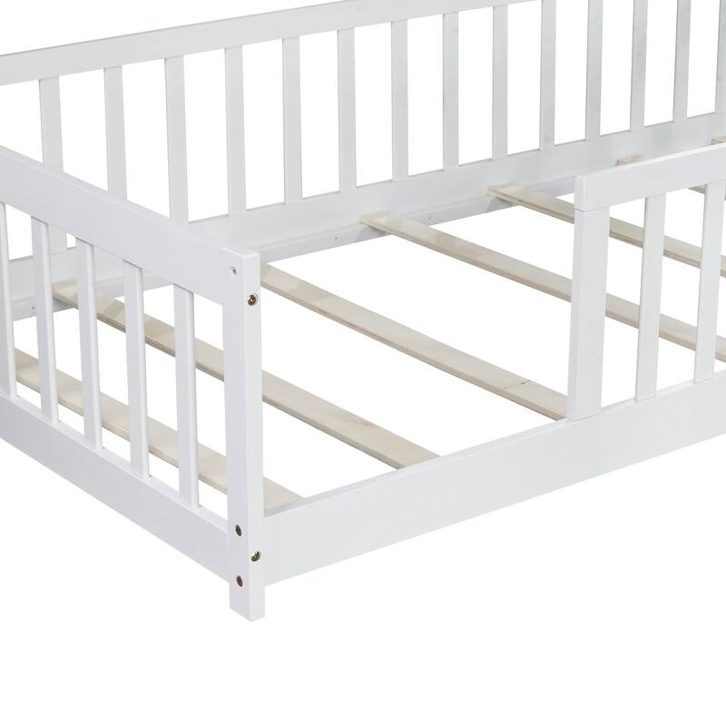 Roomfitters Twin Rubber Wood Floor Bed with Fence, Safety Guardrails, Low Profile Platform Design