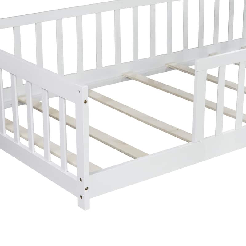 Twin Size Floor Bed with Fence without Door, Rubber Wood Floor Bed with Safety Guardrails