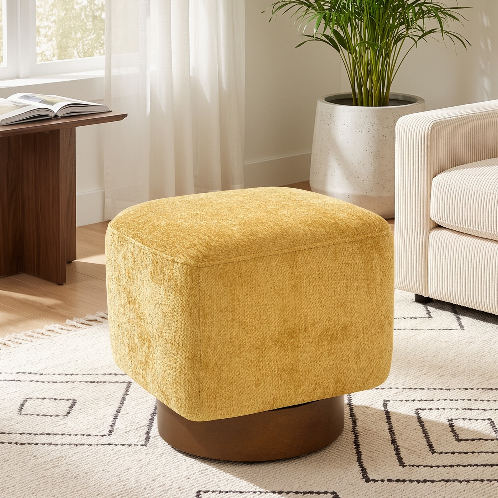 Square Rotatable Ottoman, Acacia Wood Frame, Chenille Fabric Vanity Stool-Upholstered Floor Chair Fully Assembled
