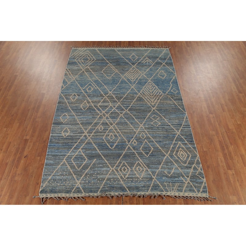 Moroccan Rug Hand-Knotted Blue Abstract Wool Carpet - 7'2"x 10'11"