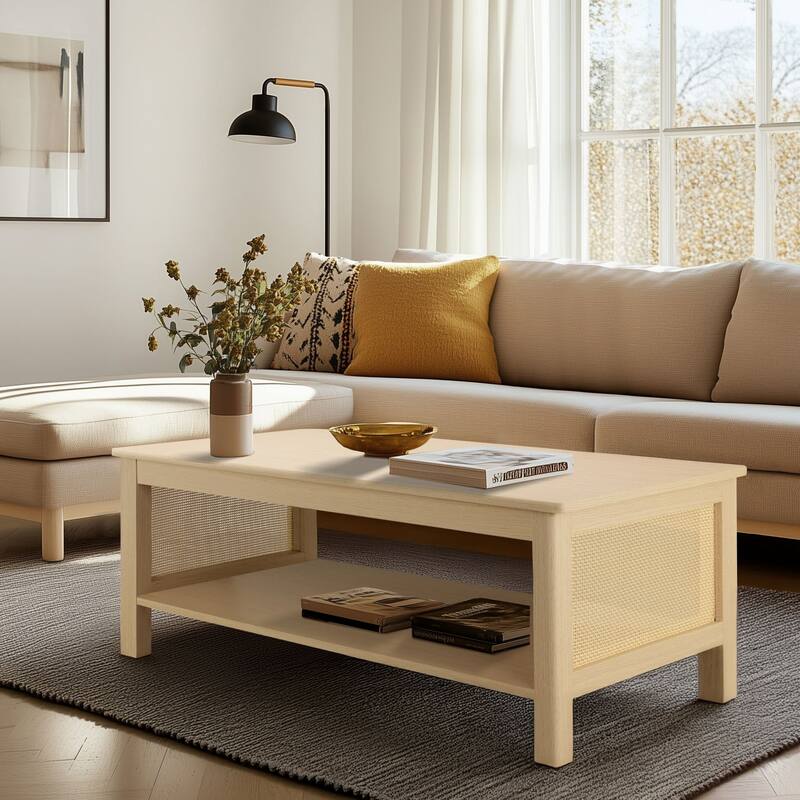 Chelsea Square Ashlyn 2-Tier Coffee Table with Rattan Sides & Spacious Open Shelf Storage - 21.75x16