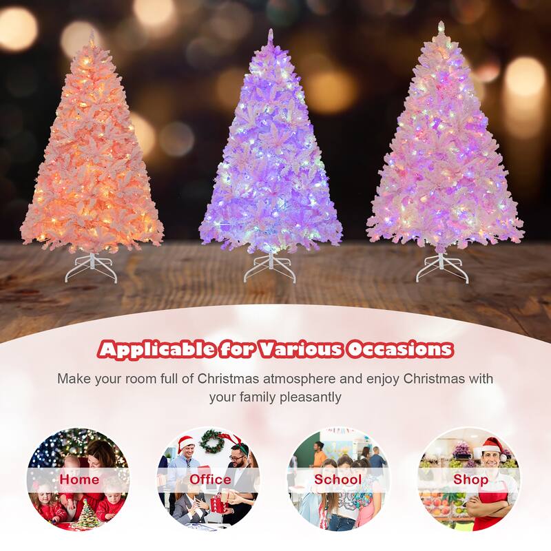 Gymax 6FT Pink Artificial Christmas Tree Pre-lit Hinged Snow Flocked