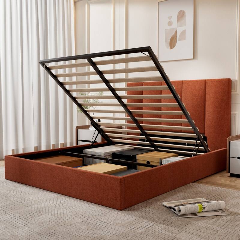 Modern Upholstered Lift-Up Storage Platform Bed with Headboard