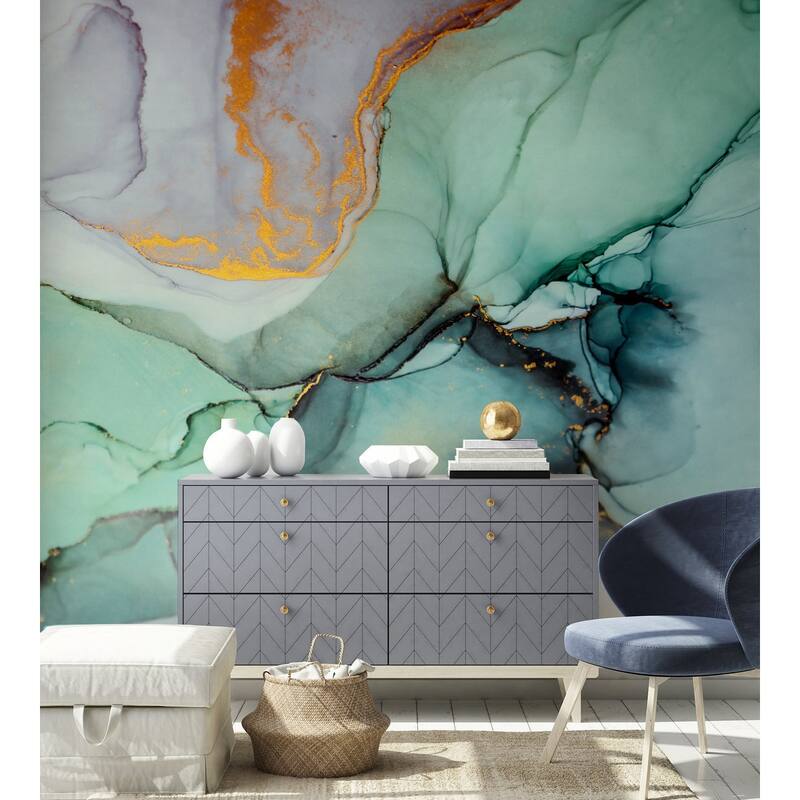 GK Wall Design Abstract Green and Gold Marble Look Removable Wallpaper