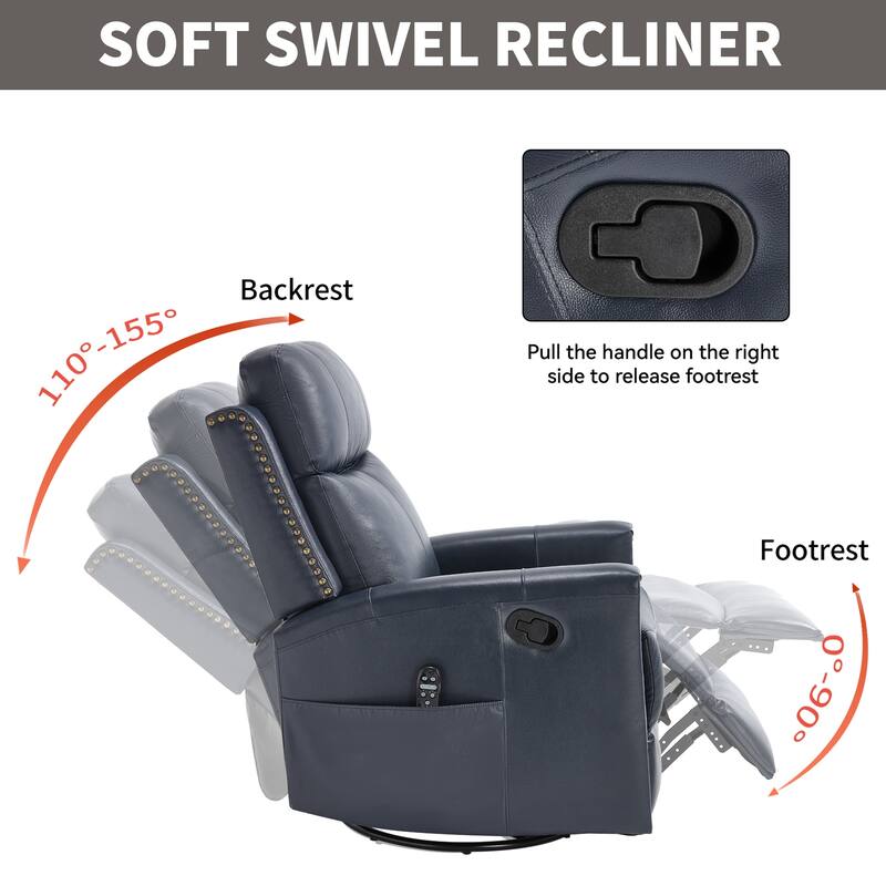 Genuine Leather Manual Recliner Chair with Heat & Massage, Adjustable Heavy Duty Reclining, Swivel Recliner Chair with Rocker