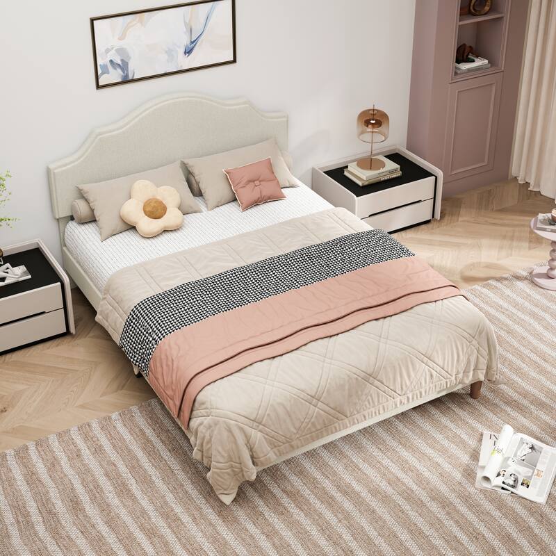 Modern Simple Queen Size Bed Frame Upholstered Platform Bed with Adjustable Headboard & Linen Fabric Padded