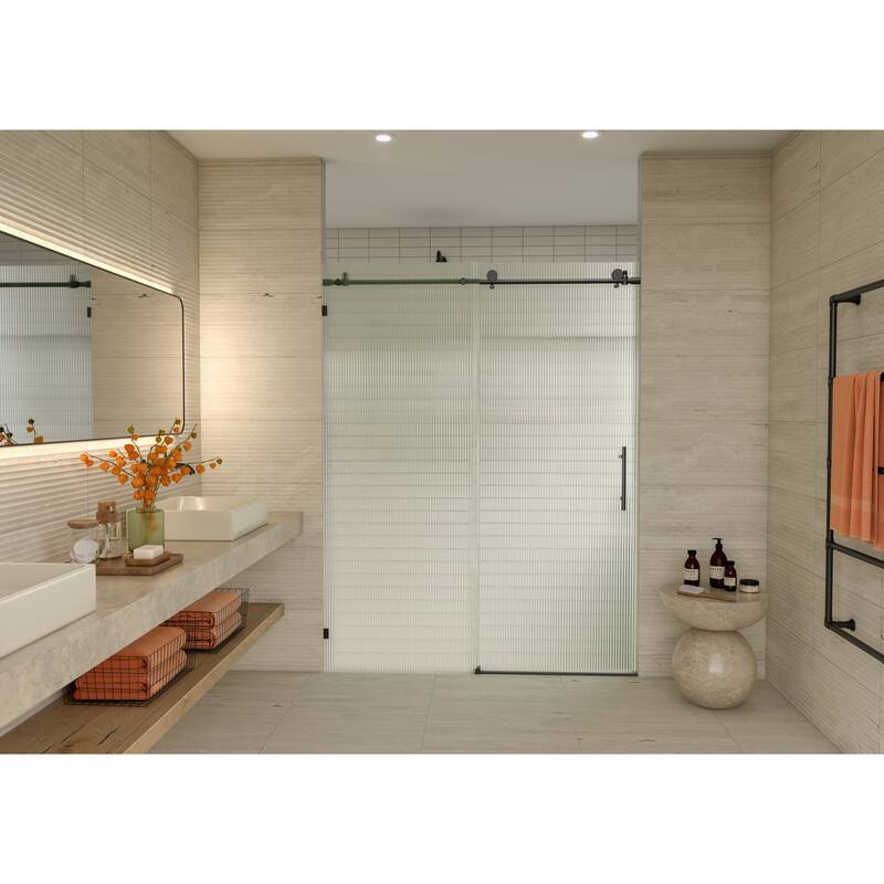 Galaxy 60 in. x 78 in. Fully Frameless Fluted Glass Sliding Shower Doors - Righthand