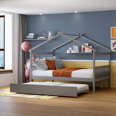 Simplistic Wooden House Bed with Trundle