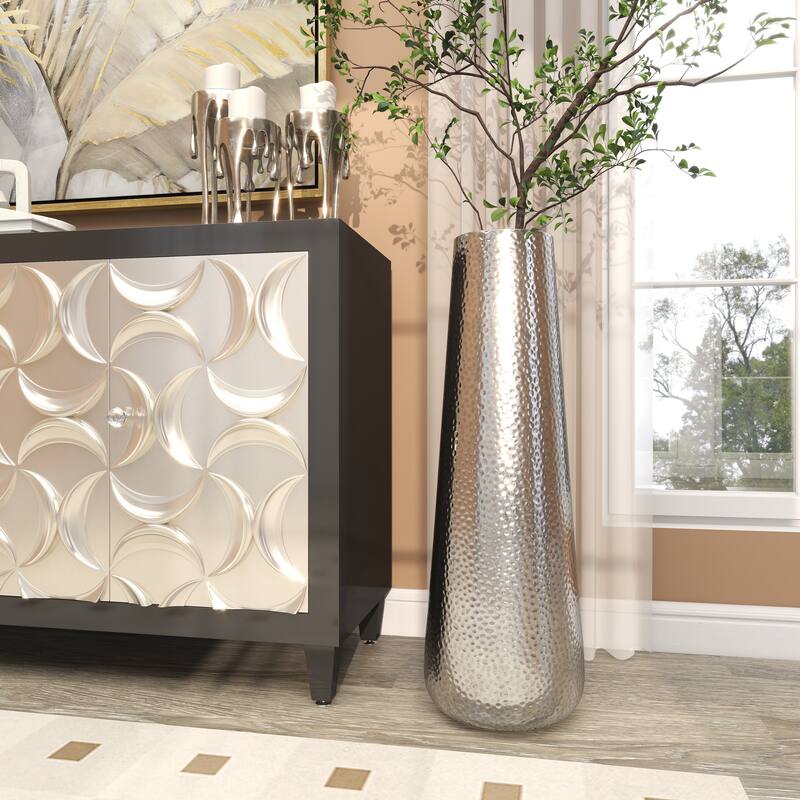 Silver Aluminum Metal Tall Hammered Vase