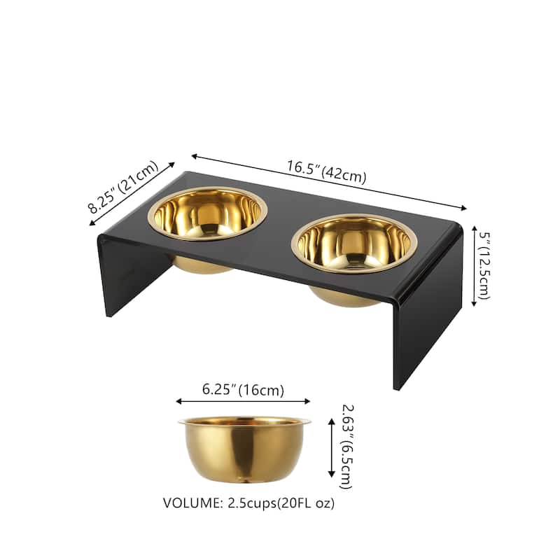 Keaton 5" Small/Medium Modern Lucite Rectangular Elevated Pet Feeder with 20oz 2-Stainless Steel Bowls