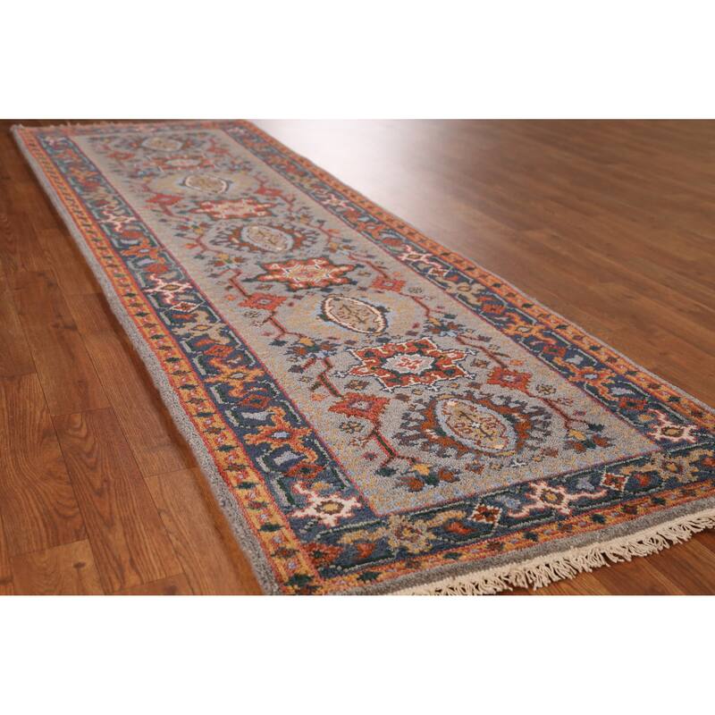 Traditional Heriz Serapi Indian Runner Rug Handmade Wool Carpet - 2'7" x 7'11" - Grey - 2'7" x 7'11"