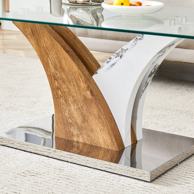 Rectangular Clear Coffee Table, Modern Side Coffee Table With Tempered Glass Countertop And Artistic MDF Base For Home