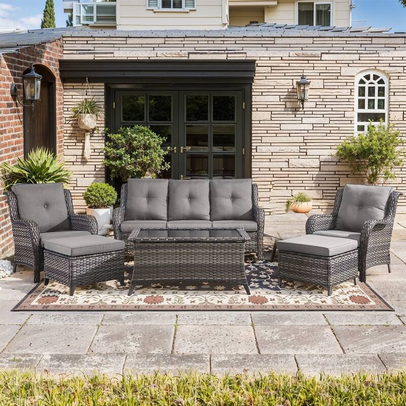 Outdoor Sofa Chair with Coffee Table and Ottoman - Grey Rattan - Grey Cushion - 6PCS - Patio Chair w/ Sofa Ottoman Coffee Table