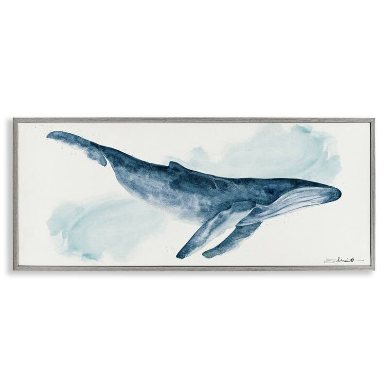 Stupell Nautical Humpback Whale Marine Animal Blue Watercolor Painting Framed Wall Art - White - 30 x 13 - Grey