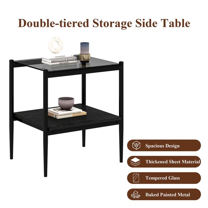 Set of, 2 Rectangle End Table, Tempered Glass Tabletop with MDF layer, Modern Table for Living Room