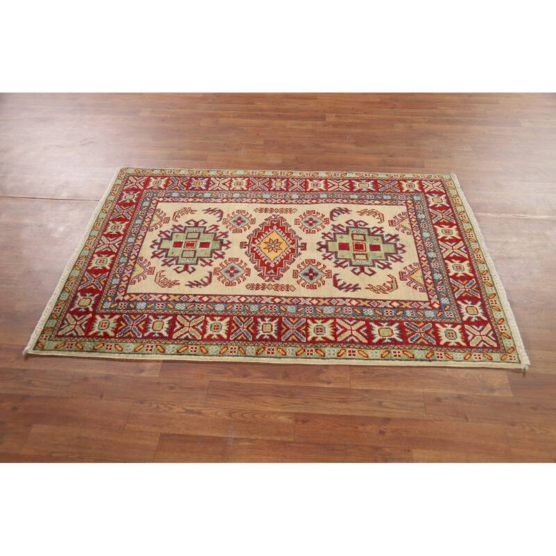 Traditional Kazak Oriental Accent Rug Hand-Knotted Wool Carpet - 3'5" x 4'10"