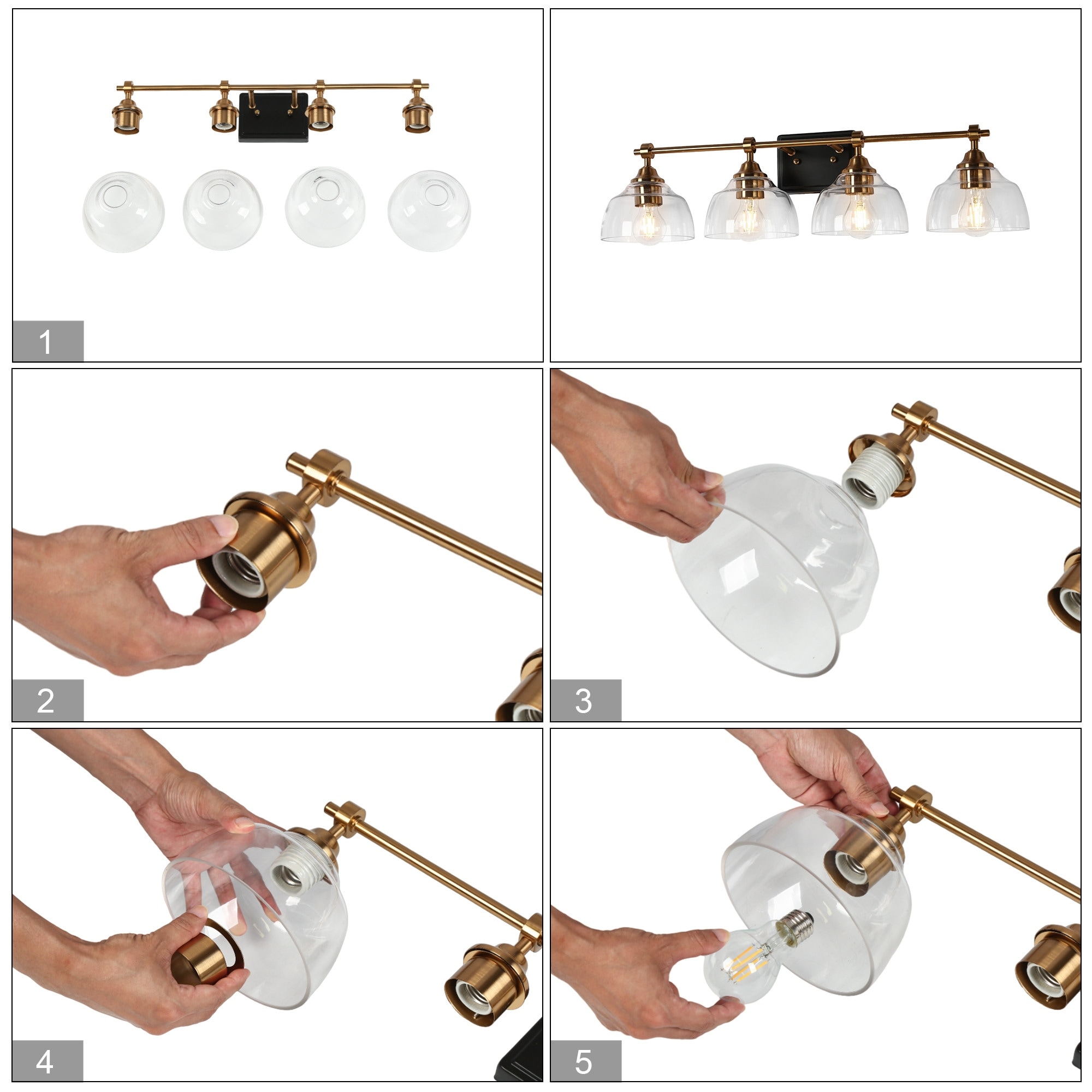 Modern 4-Light Black Gold Bathroom Vanity Light Clear Glass Wall Sconce - W 29.5\, image size:2000x2000