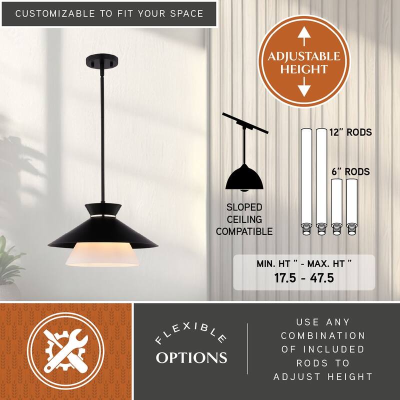 Loomis 1-Light Black Mid-Century Modern Pendant, White Glass Shade, Adj Height Ceiling Chandelier Dining Room Fixture