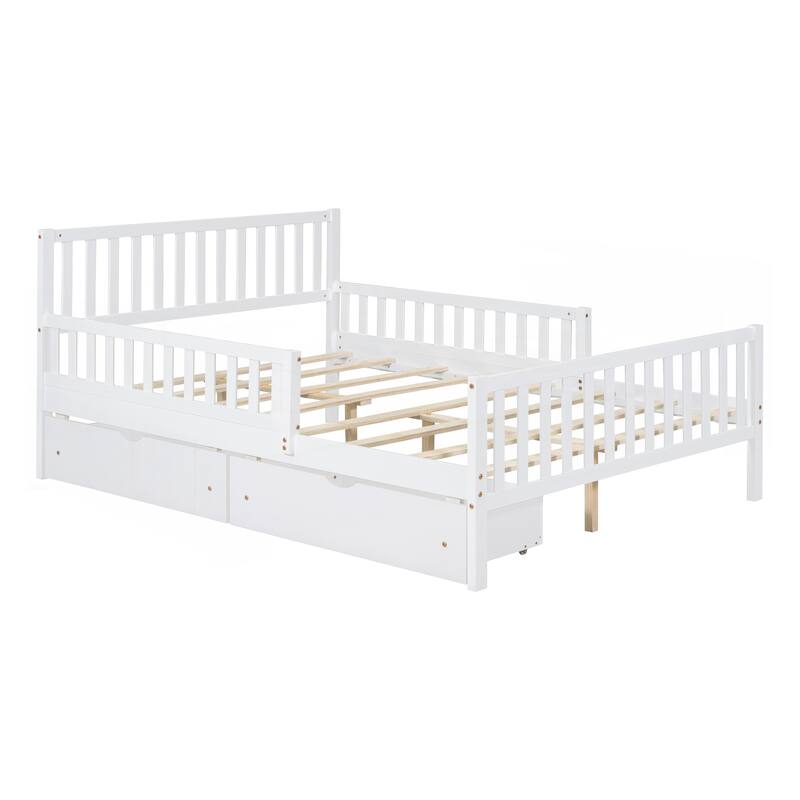Full Size Wood Platform Bed with Guardrails on Both Sides