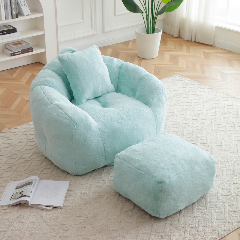 Faux Fur Bean Bag Chair with Ottoman, Giant Bean Bag Chairs for Adults, Shell-Shaped Lounge Floor Sofa with Filler - Light Blue