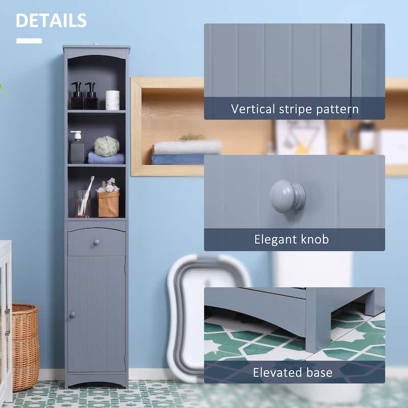 Modern Grey Bathroom Organizer Cabinet with Multi-Tier Shelves and Storage Drawer - 13.5" W x 9.5" D x 67" H