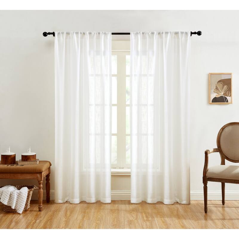HLC.me Linda Faux Linen Textured Semi Sheer Privacy Sun Light Filtering Window Rod Pocket Curtains Panels, 2 Panel - 54 W x 54 L per panel - Set of 2 - White