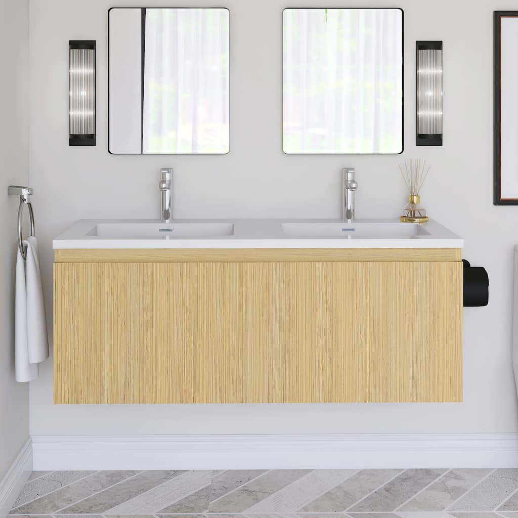 48'' Floating Bathroom Vanity in Yellow Oak with Integrated Resin Top - 47.24'' x 18.90'' x 18.19''