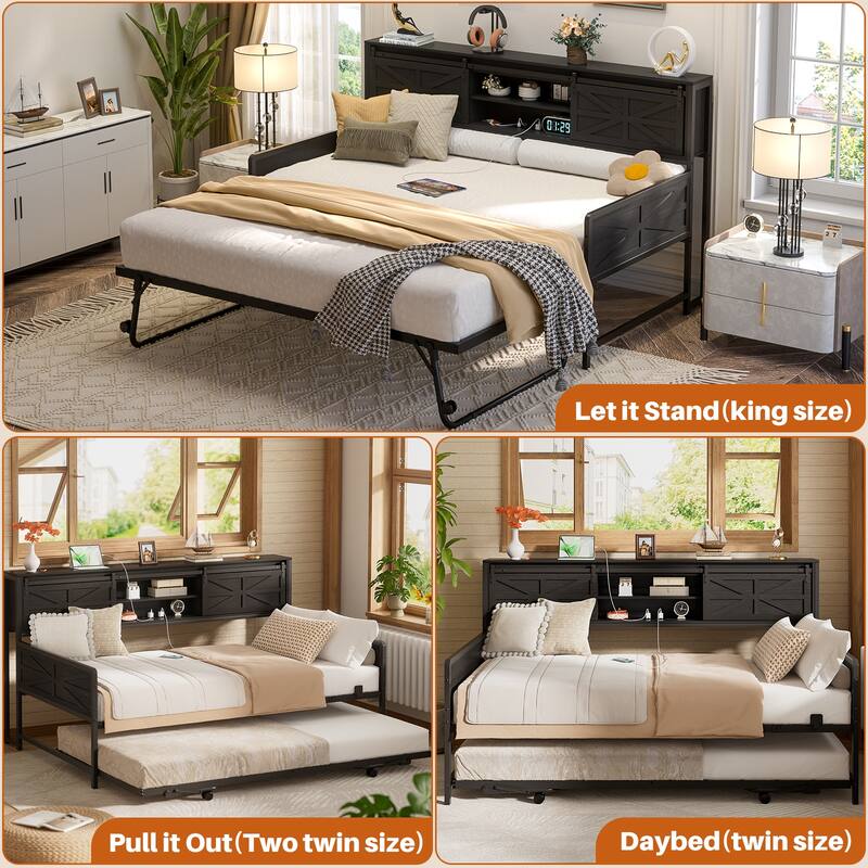 Farmhouse Twin Daybed with Pop-up Trundle Bed and Charging Station，Sofa Bed Frame with Bookcase Headboard with 2 Sliding Doors