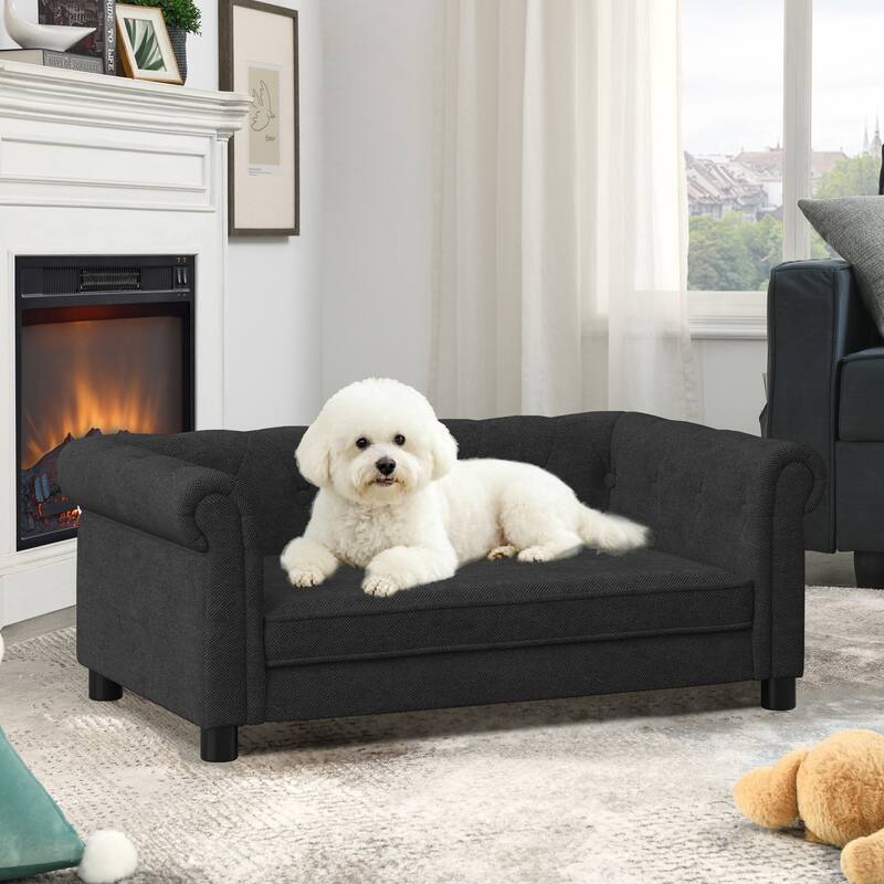 Roomfitters Upholstered Pet Sofa Chesterfield Style Elevated Dog Bed Couch with Rolled Arms and Button Tufted Back