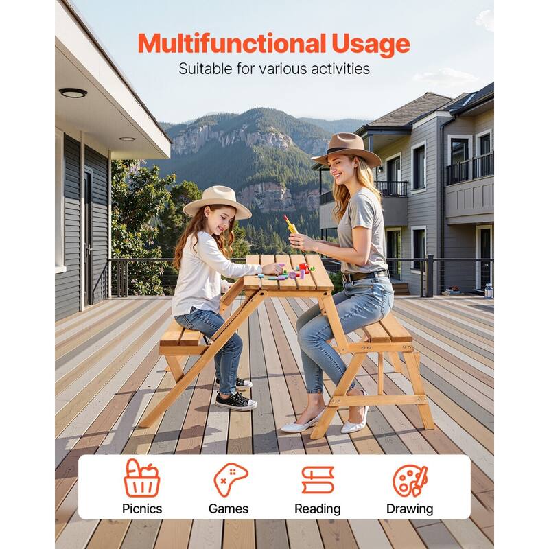 2-in-1 Foldable Wooden Picnic Table Bench with Umbrella Hole for Outdoor Garden Patio Use - 55.5” x 18.5” x 6.7”