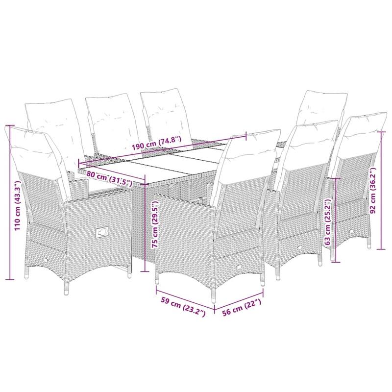 vidaXL Patio Dining Set with Cushions Outdoor Furniture Beige Poly Rattan - 74.8" x 31.5" x 29.5"
