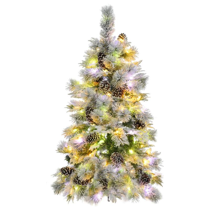 7.5 ft Snow Flocked Pre-Lit Christmas Tree with 450 LED Lights, Pine Cones, and Metal Stand