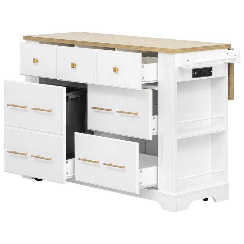 Rolling Kitchen Island Cart on 5 Wheels with 6 Drawers, 5 Open Side Racks, Pull Out Trash Can Storage, Drop Leaf, Power Outlet