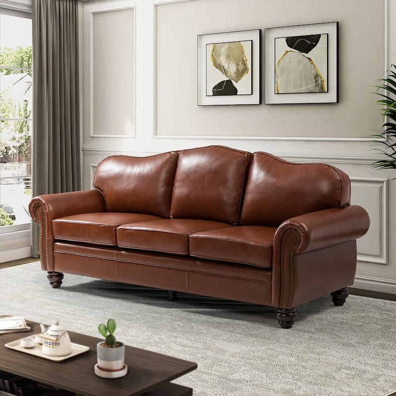 Balvino 81" Wide Transitional Genuine Leather Rolled Arm Nailhead Trim Sofa with Solid Wood Legs