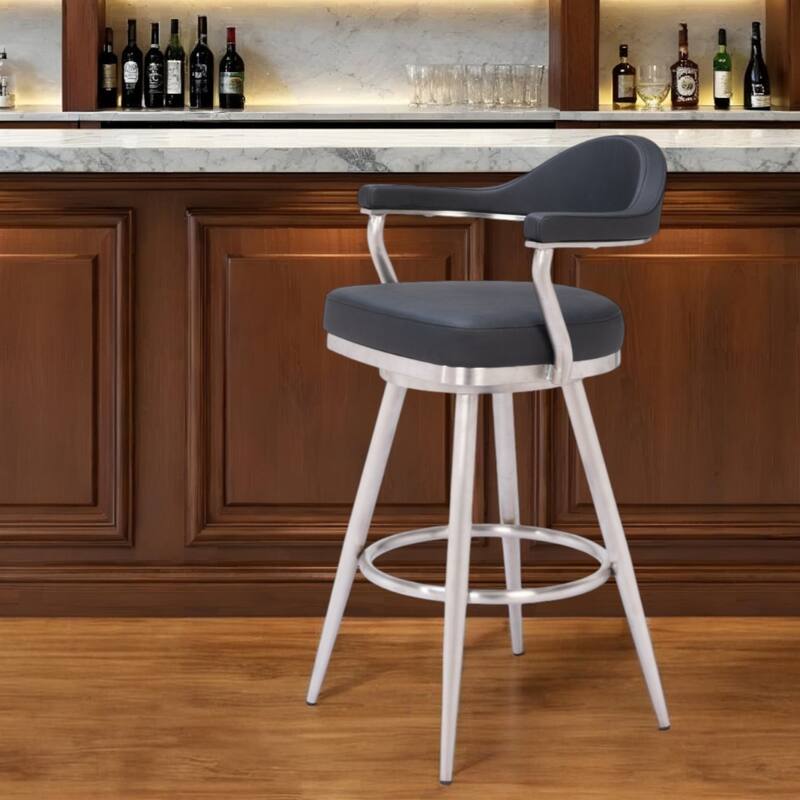 Modern 30-Inch Black Faux Leather Swivel Bar Stool with Arms & Footrest - 22" x 23.2" x 40.2"