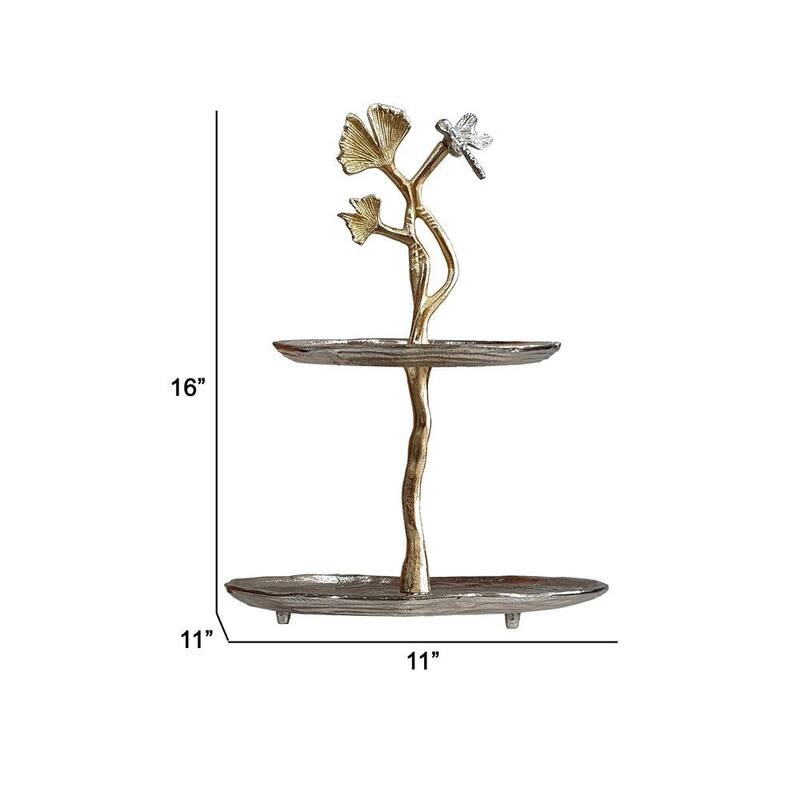 16 Inch Elegant Accent Table, 2 Tier Aluminum Cherry Blossom, Gold, Silver - 16 H x 11 W x 11 L