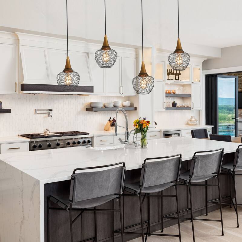 Modern 7inch Mini Farmhouse Metal Cage Pendant 1-Light Black Wire Kitchen Island Bar Lights - Black Wire - D 7" x H 11.5 "