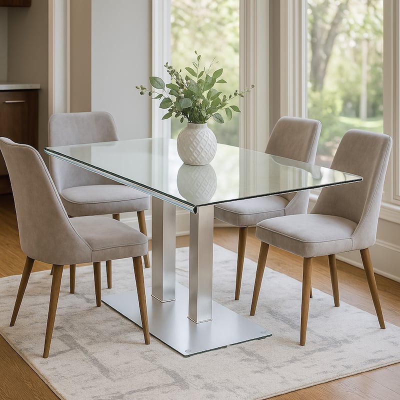 Metal and Glass Dining table with Dual Post Pedestal base, Chrome