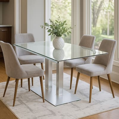 Metal and Glass Dining table with Dual Post Pedestal base, Chrome