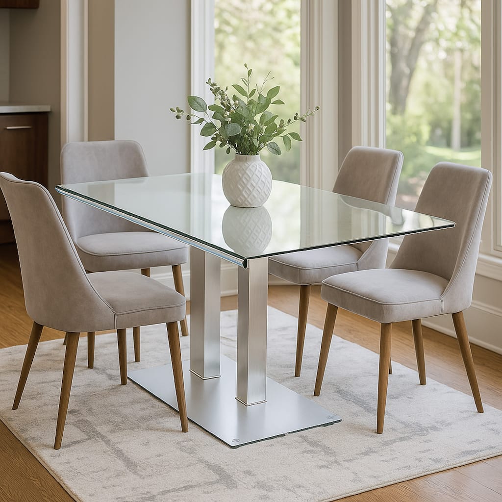 Metal and Glass Dining table with Dual Post Pedestal base, Chrome