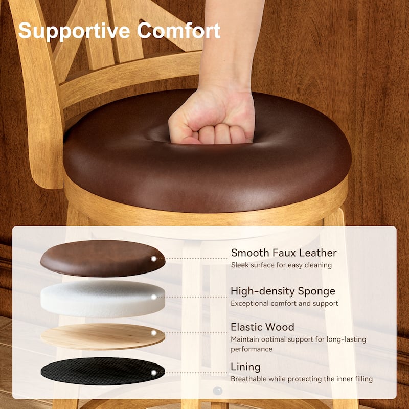 26"/30" Counter Height Bar Stools, Kitchen Wooden Swivel Bar Chairs with Back