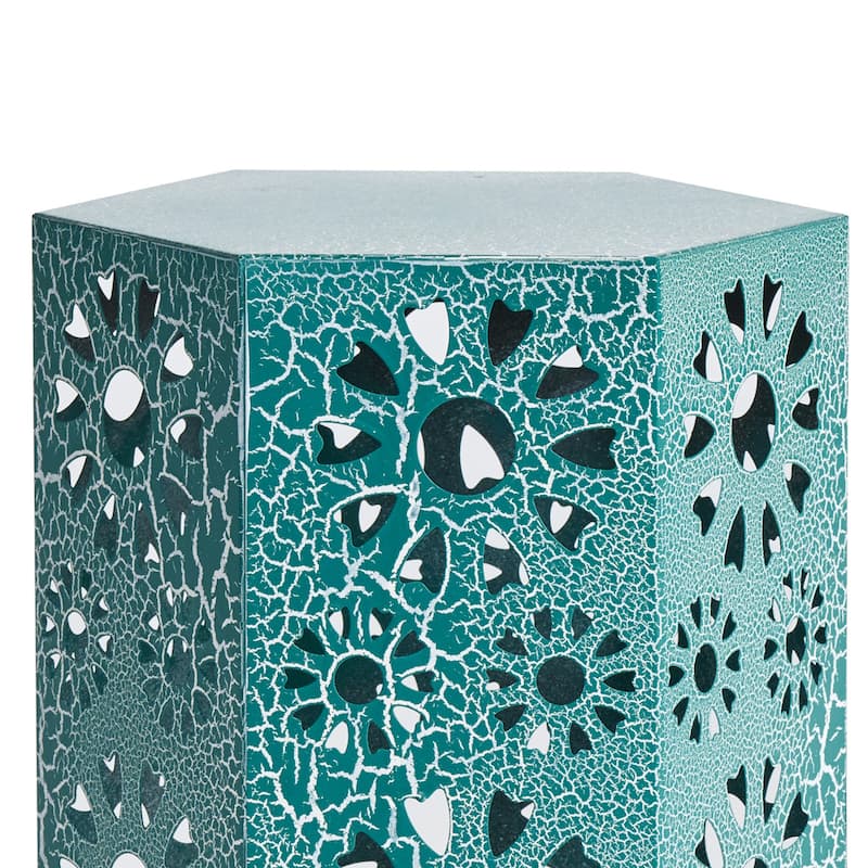 Liana Outdoor Side Table, Hexagonal 14 Inch, Sunburst Cut Out, Teal