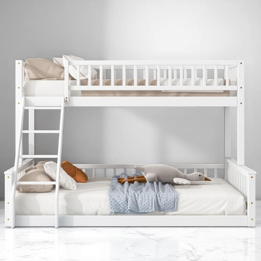 Full XL/Twin XL Over Queen Bunk Bed with Ladder & Guardrails, Solid Wood Frame, Convertible Design, No Box Spring