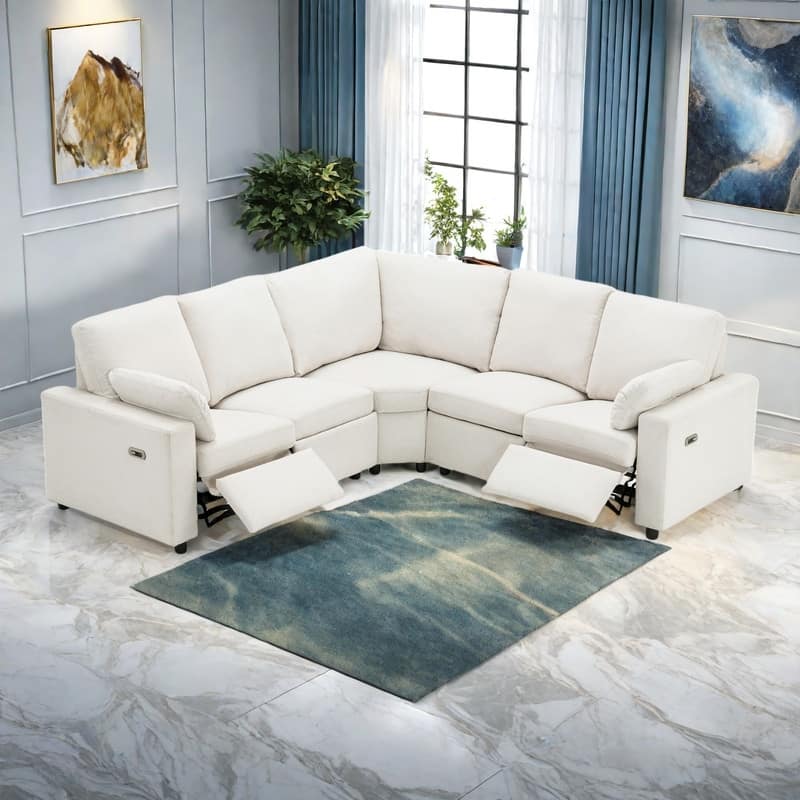 88.9" Linen Power Recliner Sectional 5-Seat Sofa with USB Ports and Storage Drawers - Beige